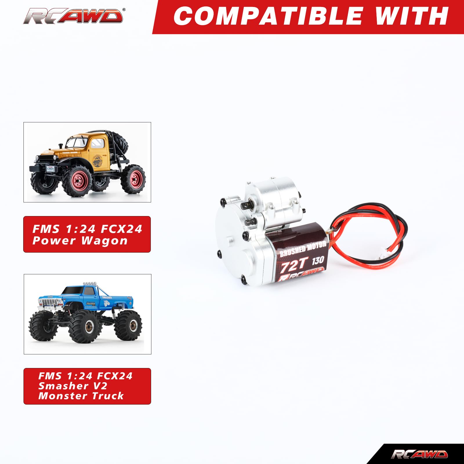 RCAWD 130 72T Motor and Center Gearbox for FMS FCX24 Smasher Power Wagon Electric Motor, Transmission Metal Gearbox Combo for 1/24 FMS Upgrades Parts Silver