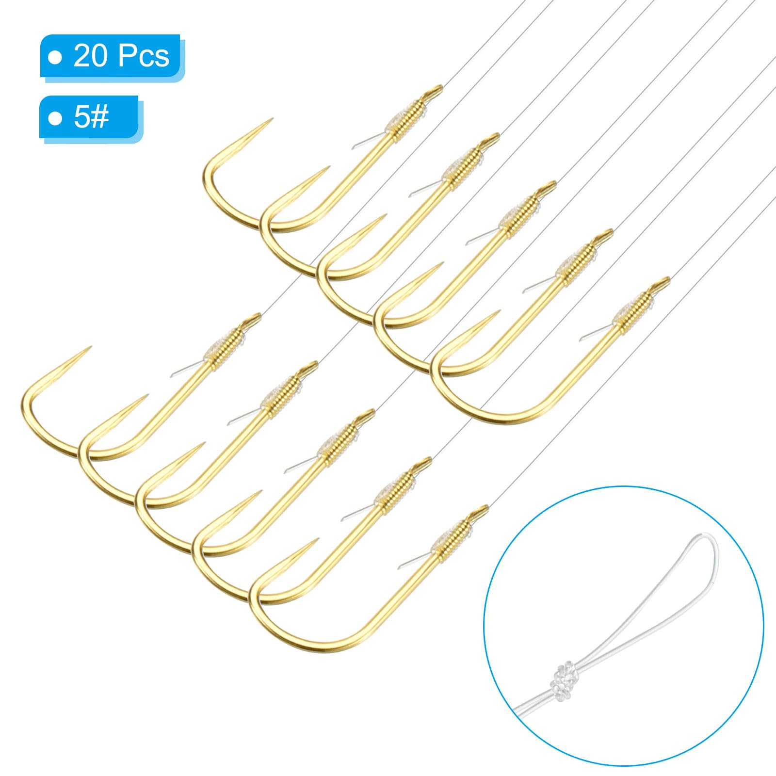 PATIKIL 5# Small Fishing Hooks with 36cm Line, 20Pcs 0.4x0.2 Inch Double Hook Rigs Fishing Hook on Nylon Line for Freshwater Gold Tone - Image 3