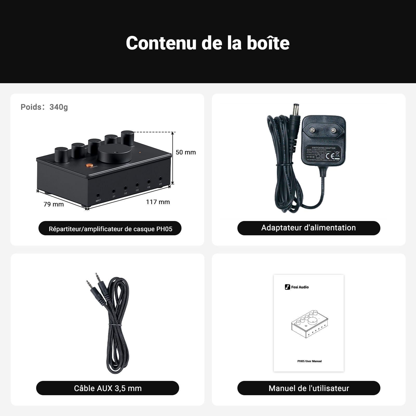 Fosi Audio PH05 Amplificateur Répartiteur de Casque 5 Canaux, Mini Ampli pour Mixeur de Studio de Musique, Partage Audio, Moniteur de Podcast, Prend en Charge 16-300 Ohm Haute Impédance IEM