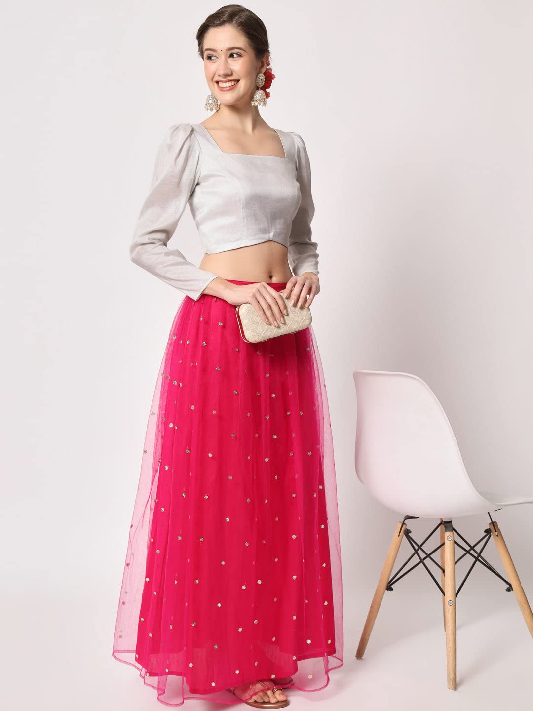 studio rasa Women's Cotton Tissue Sheer Sleeves Readymade Saree Blouse for Festive Wedding Party (TPWC12309L_BL_Silver_Large) 4