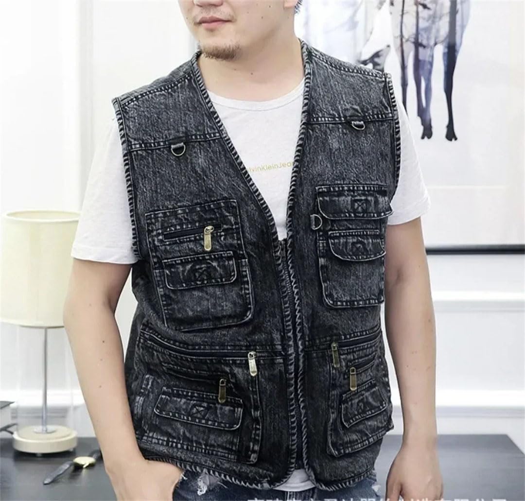Gilet da uomo in denim di cotone solido Multi-tasca sciolto giacca senza maniche maschio escursionismo pesca gilet da viaggio Plus Size