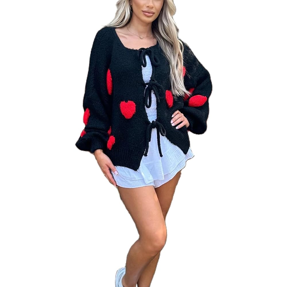 Women Front Tie Sweaters Cardigan Heart Embroidery Tie-up