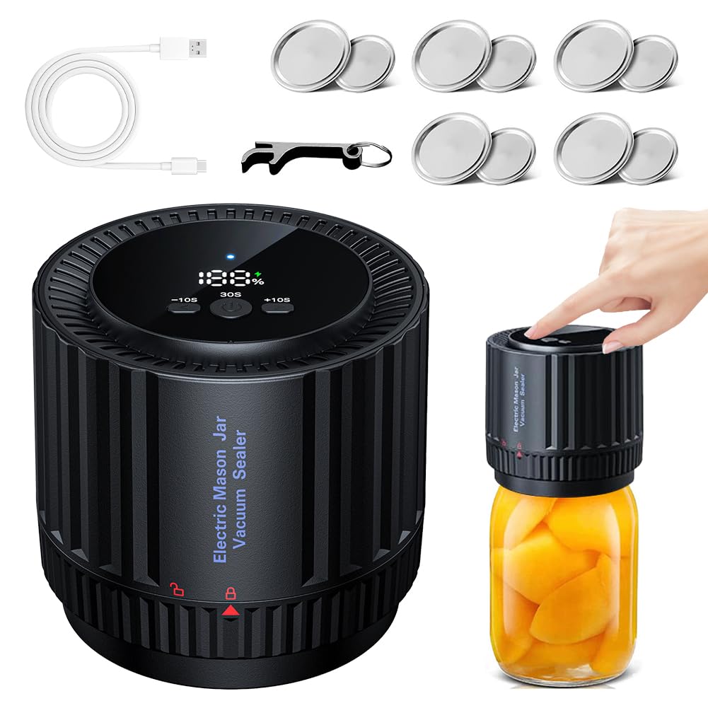Electric Vakuumierer für Mason Jar, Dosenverschlussmaschine Kit für Breite und Normale Öffnung, Vakuumiergerät mit LED Anzeige für Gläser, Vakuumierer für Einmachgläser, für die Lebensmittellagerung