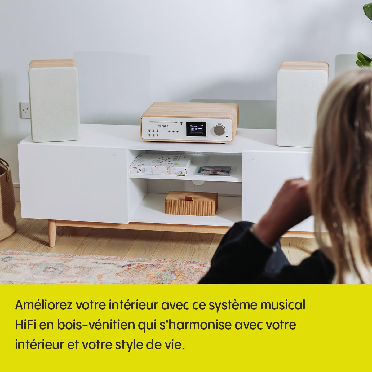 Pure Système de musique stéréo HiFi classique (son 100 W, radio Internet, DAB+/FM, Bluetooth, lecteur CD, USB et Spotify Connect), blanc coton/chêne (blanc coton)