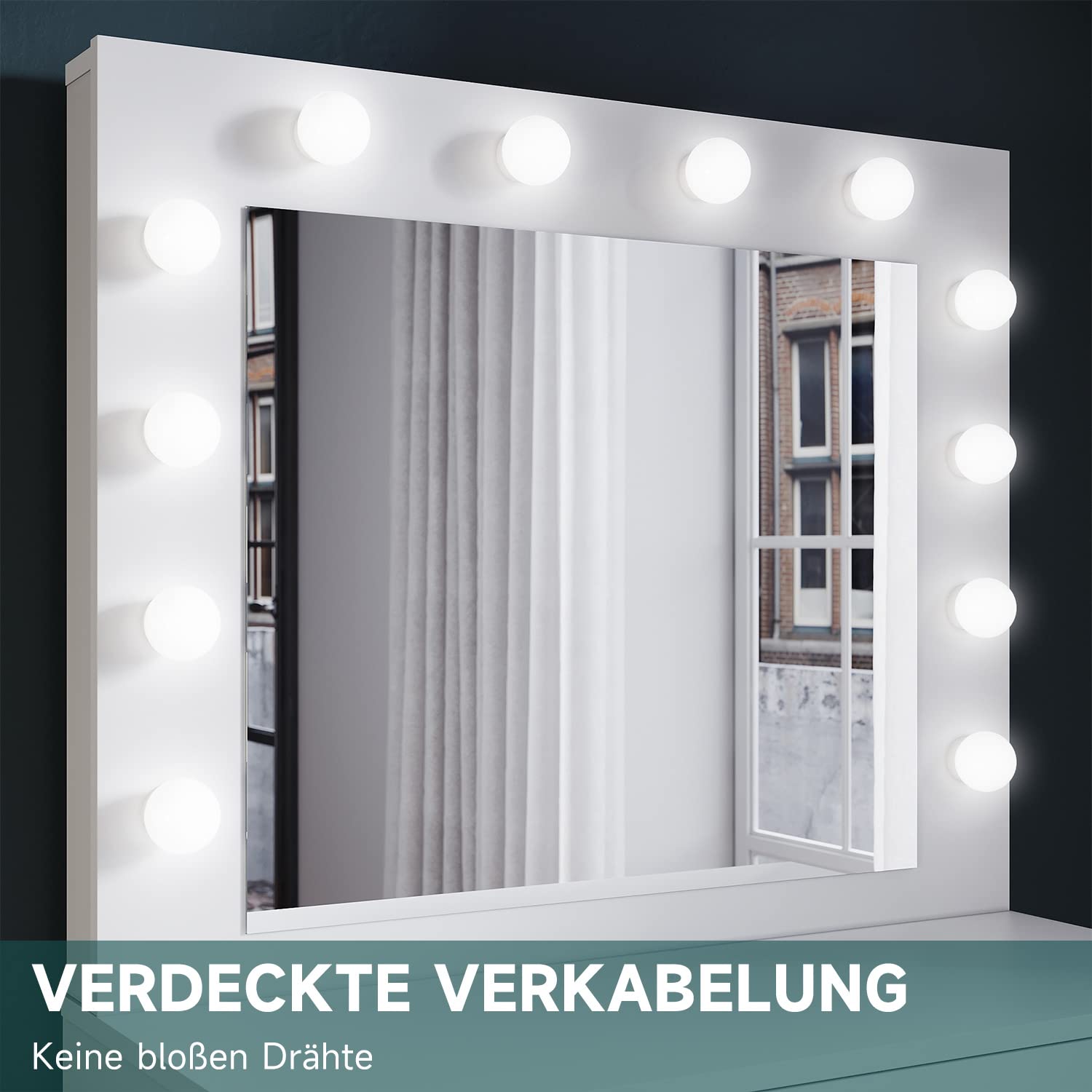 SONNI Schminktisch mit Hocker, Spiegel, Schubladen, Weiß, 80x40x140cm
