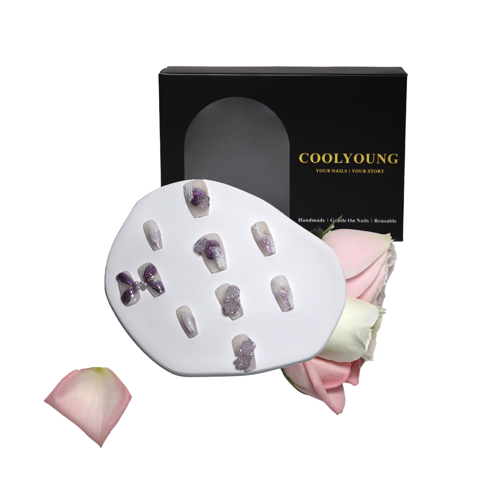 COOLYOUNG Coffin Press On Nails, Floral Press On Nails, Drop A Tear, Girls Fake Nails, Artificial Nails, Reusable Press On Nails, 10 Pieces Purple