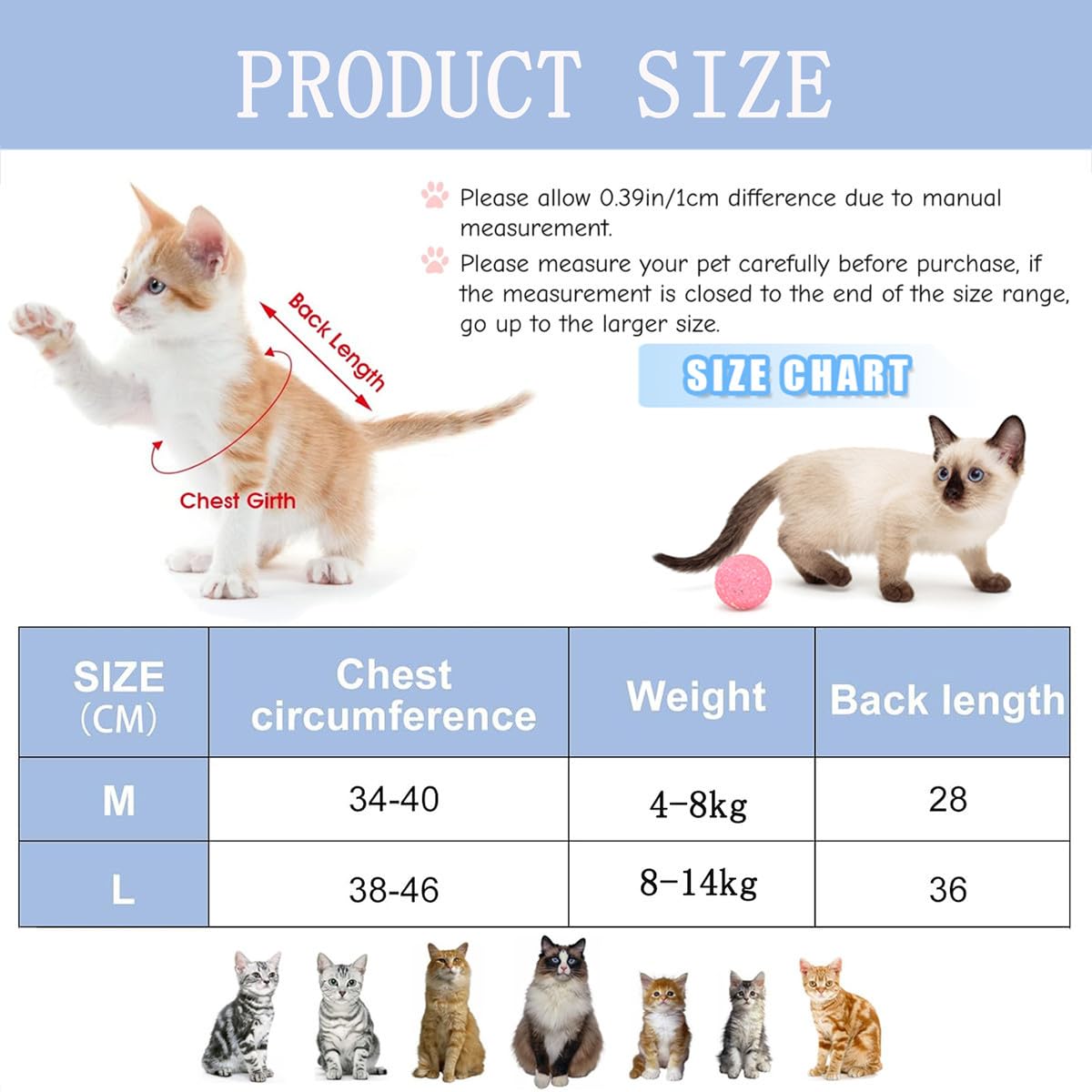 SamHeng Cat Professional Recovery Suit, Kitten Surgery Recovery Suit for Abdominal Wounds or Skin Diseases, Cats Anti Licking Vest Bodysuit, E-Collar Alternative for Cats after Surgery Wear (Blue-L) - Image 3