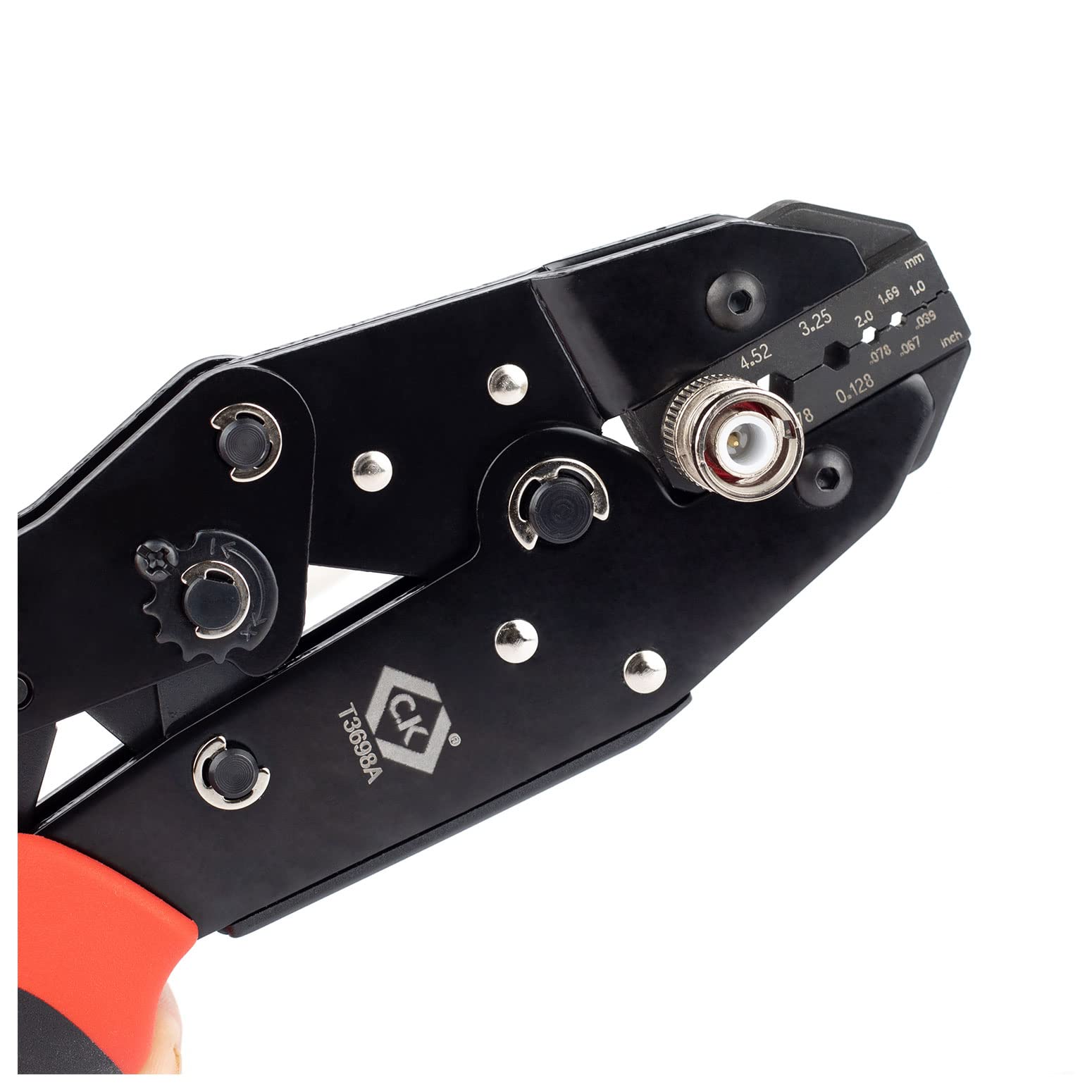 Pinza crimpatrice a cricchetto per cavo coassiale