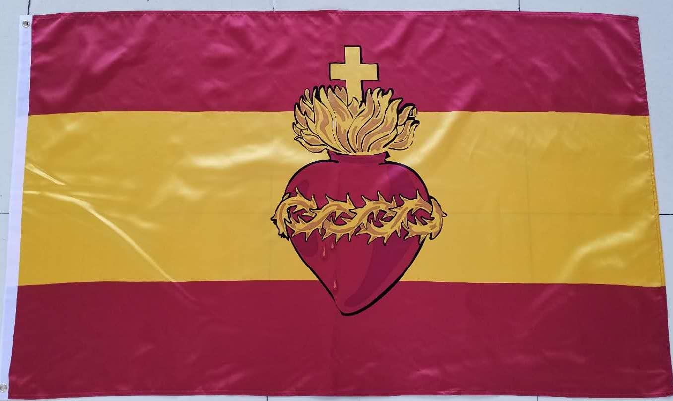 BANDERA DE ESPAÑA SAGRADO CORAZON DE JESUS. RASO PREMIUM 120D. TAMAÑO GRANDE 150X90 CM