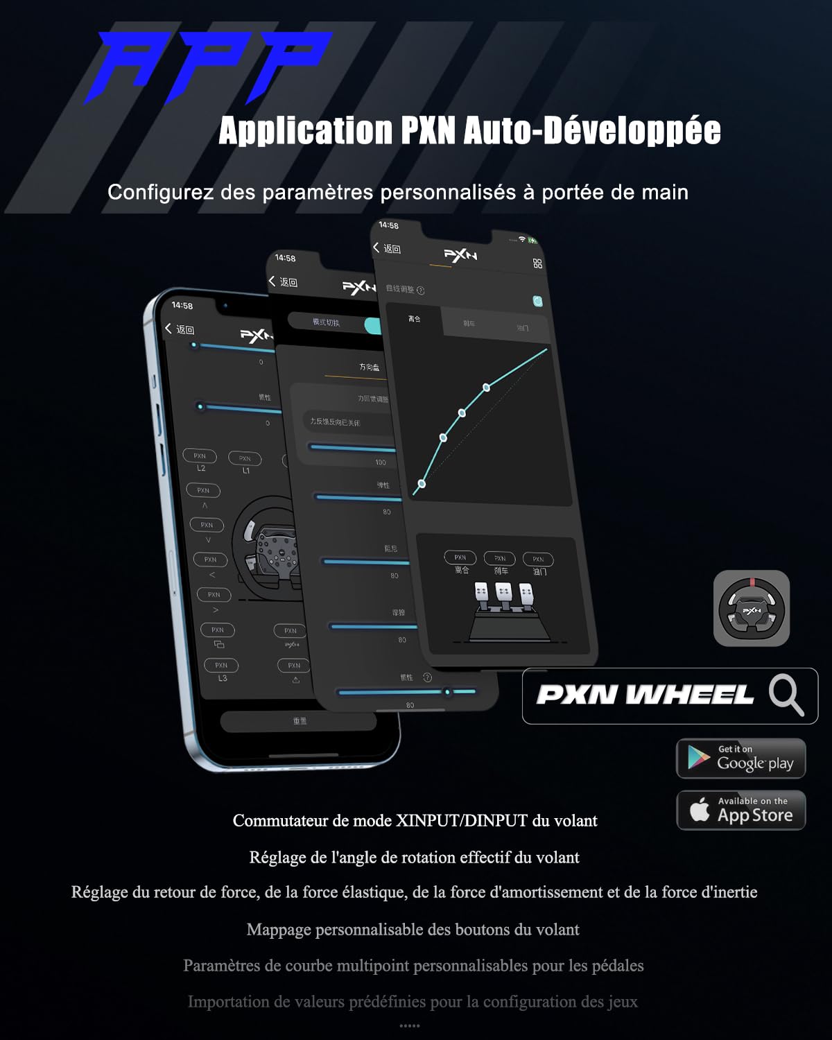 PXN V99 Volant de Jeu – Retour de Force 3,2 Nm, 270°&900°, 300mm, 4 Palettes, 3 Pédales, Levier de Vitesses en H, Application de Réglage – Volant pour PC, Xbox, PS4