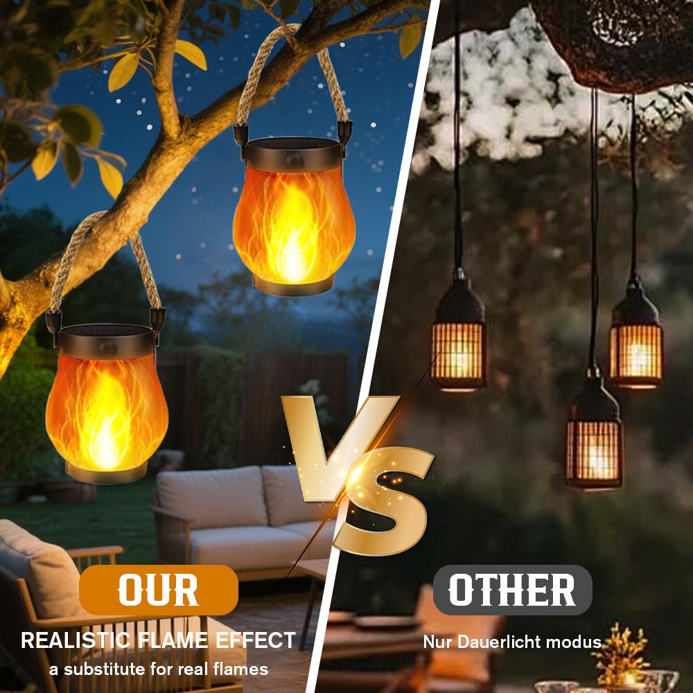 2 Pezzi Lanterna Solare a Fiamma, Lanterne Solari da Esterno Fiamma, Ricarica Solare 2 in 1 e USB Ricaricabile, 1500 mAh, IP65, Lanterne Solari Effetto Fiamma per Giardino, Cortile e Campeggio