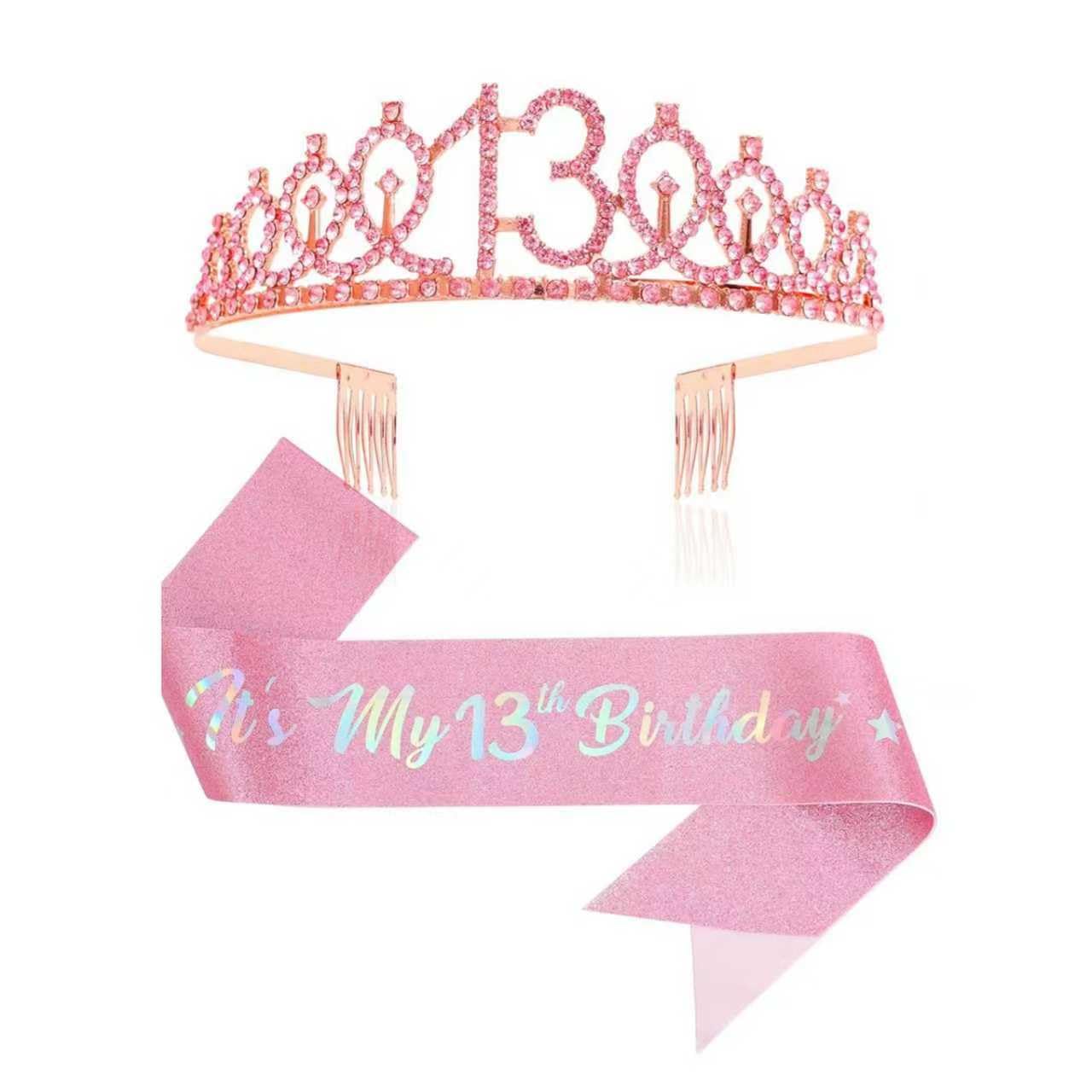 Komoke Geburtstagskrone und Schärpe Set für Mädchen – Glitzer Krone mit Strass & Geburtstag Schärpe für Kinder, Prinzessin Tiara und Dekoration zum Geburtstagsparty (13th Birthday)