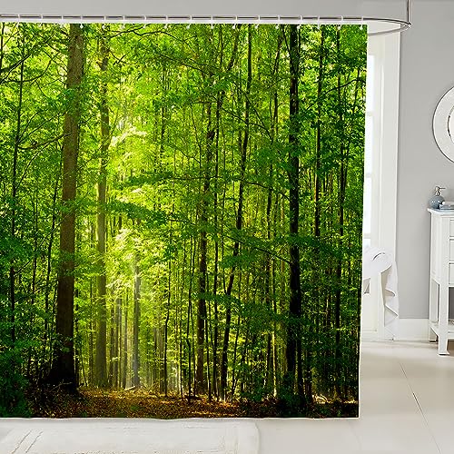 Loussiesd Woodland Shower Curtain 180x210cm Summer Forest Waterproof Shower Curtain Woodland Nature Jungle Waterproof Fabric Bathroom Sunlight Romantic Printing Green with Hooks