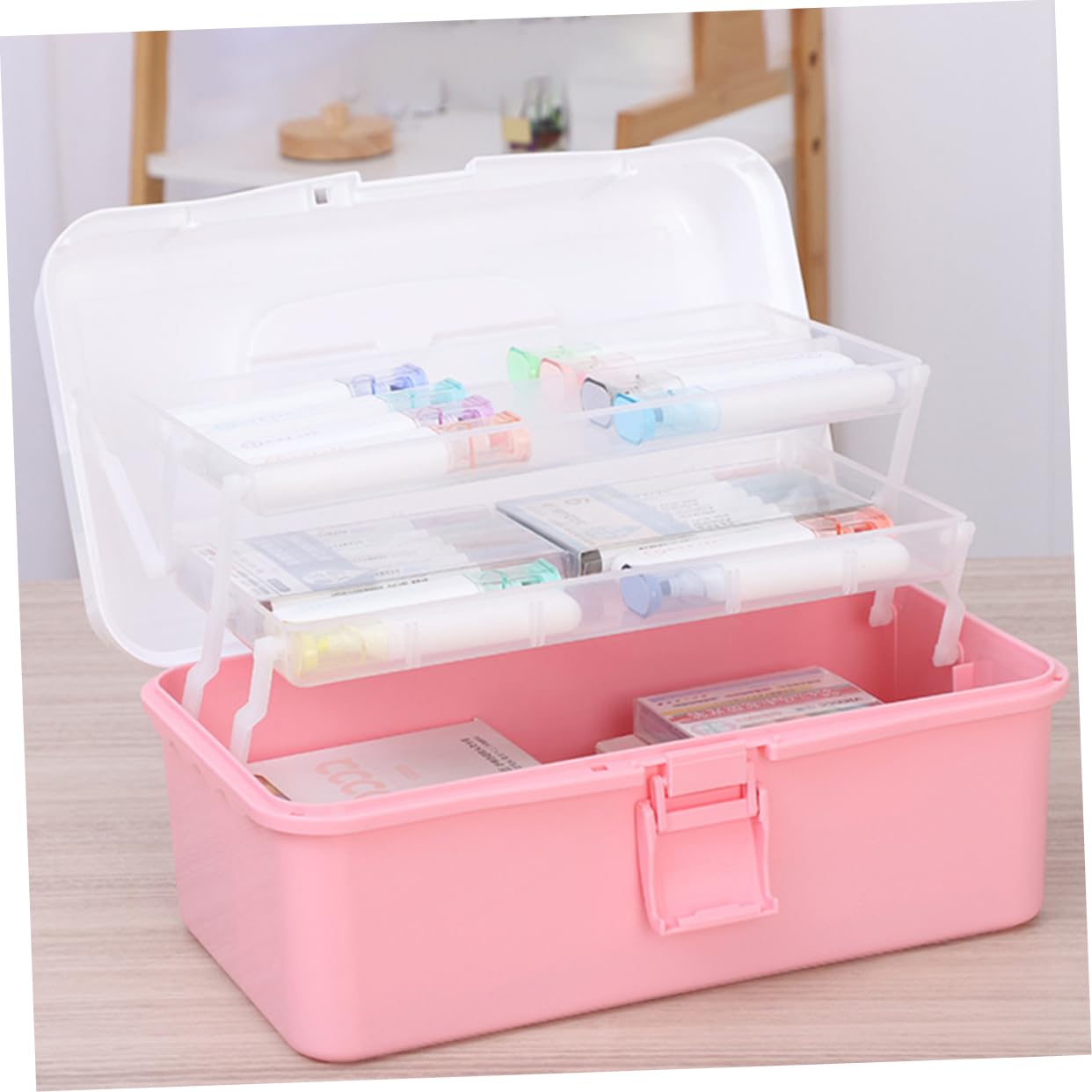 MAGICLULU Mehrschichtige Aufbewahrungsbox für Schreibwaren, Rosa, Pp | Dreistufige Trennstruktur, für Beauty Zubehör und Stickzubehör, Tragbare Ausführung für Camping und Umzug