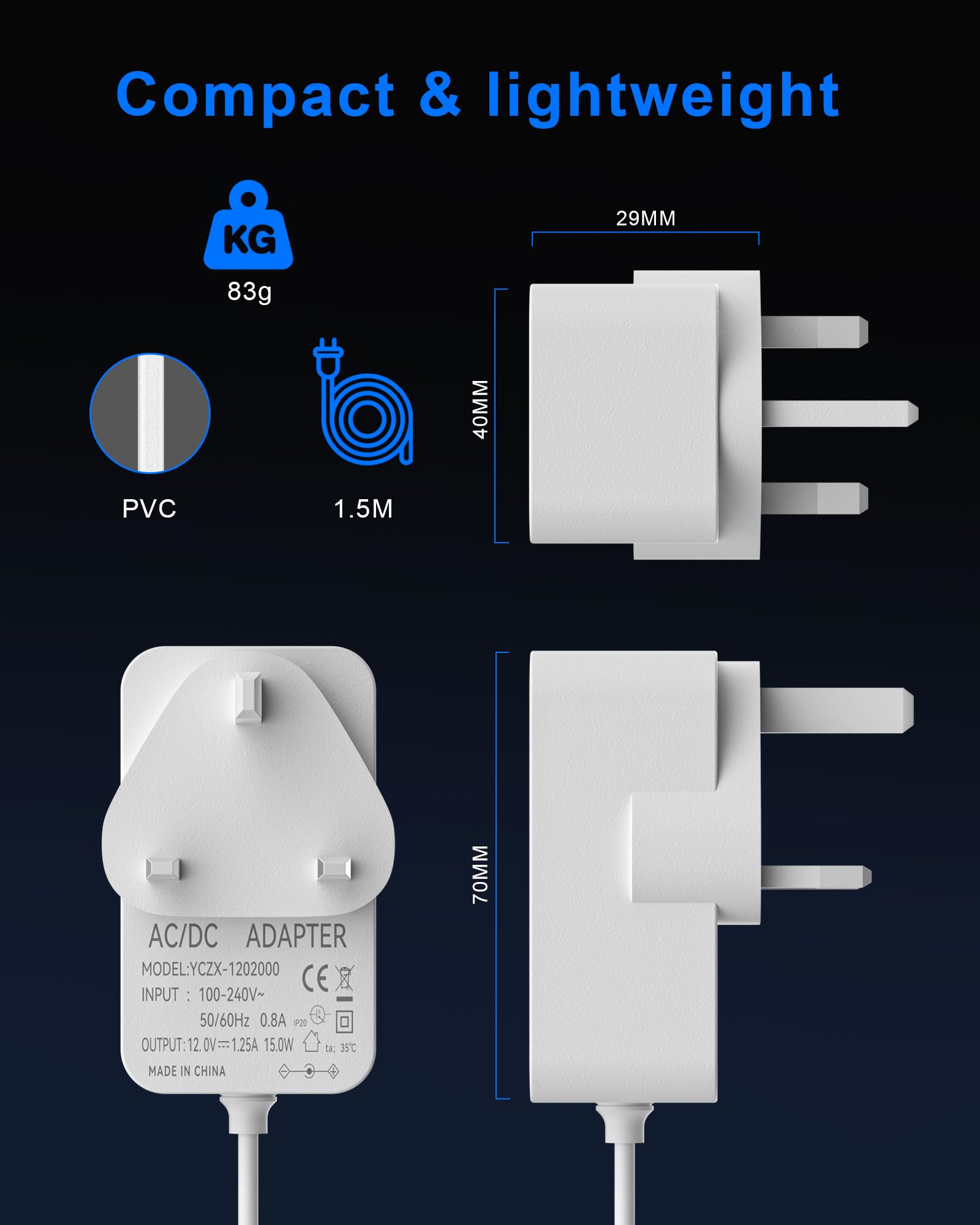 Binamao 12V 1.25A 15W Power Supply Charger Compatible with Echo Dot (3rd/4th/5th Gen) Echo Dot with 3/4 Gen Echo Dot Kids Edition 3/4 Gen Echo Show 5 (1/2Gen) Echo Spot Fire TV Cube, 1.5M Cord - White — view 7