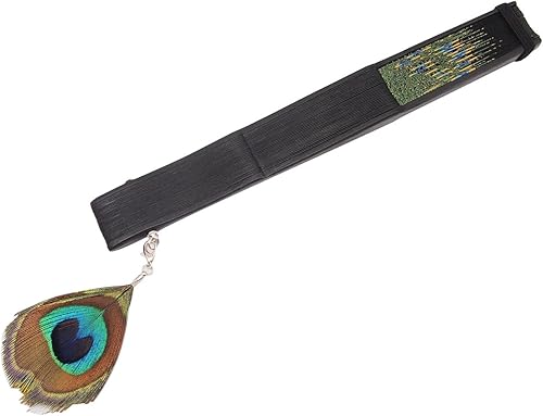 Miniatura 5 de Innolife Pavo real chino/japonés mano plegable ventilador bambú tallado marco seda artesanía ventilador (negro)