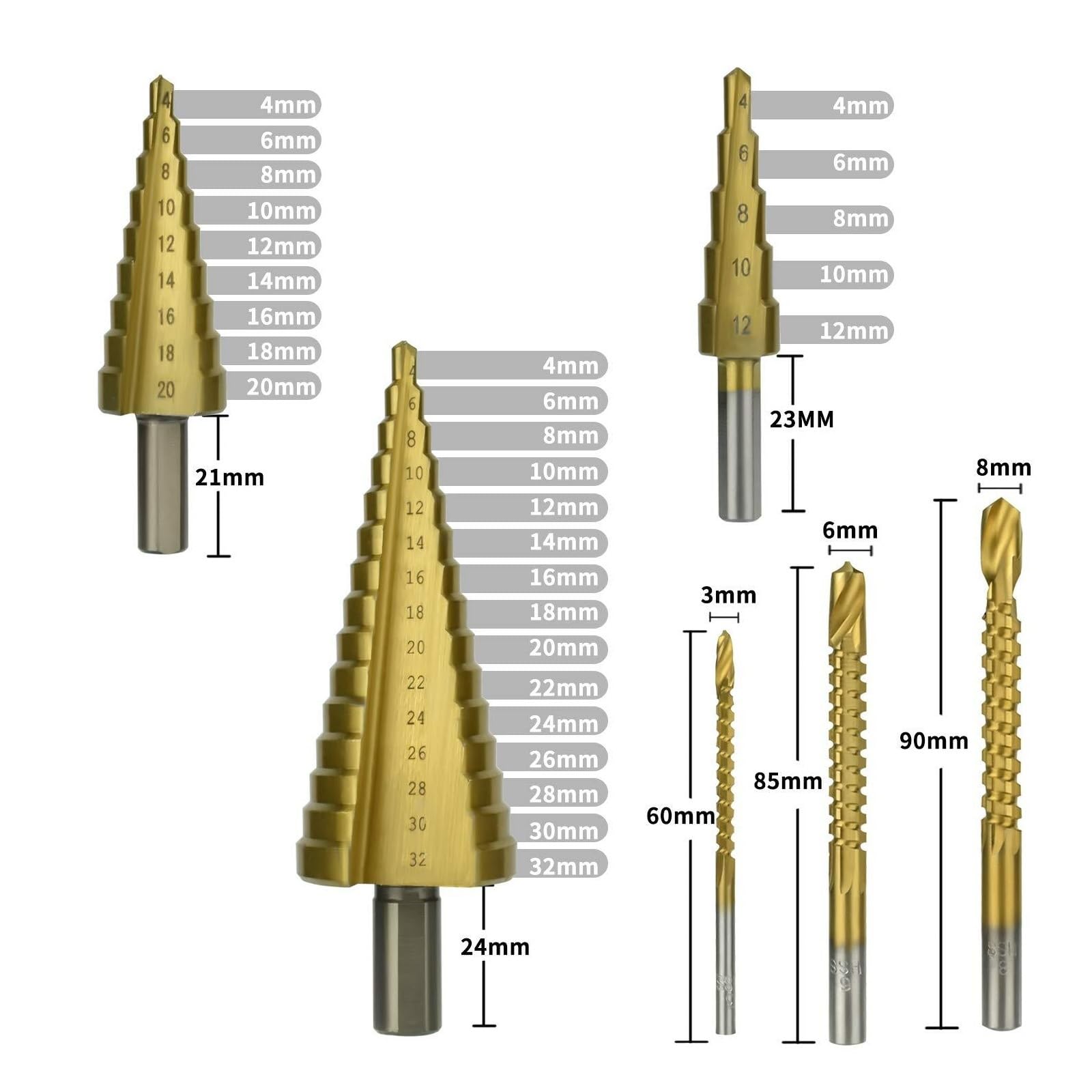 Brocas de pagoda diente sierra recubiertas titanio 6 piezas | Brocas escalonadas con ranura en espiral especializadas for trabajos de perforación en madera(With Case)