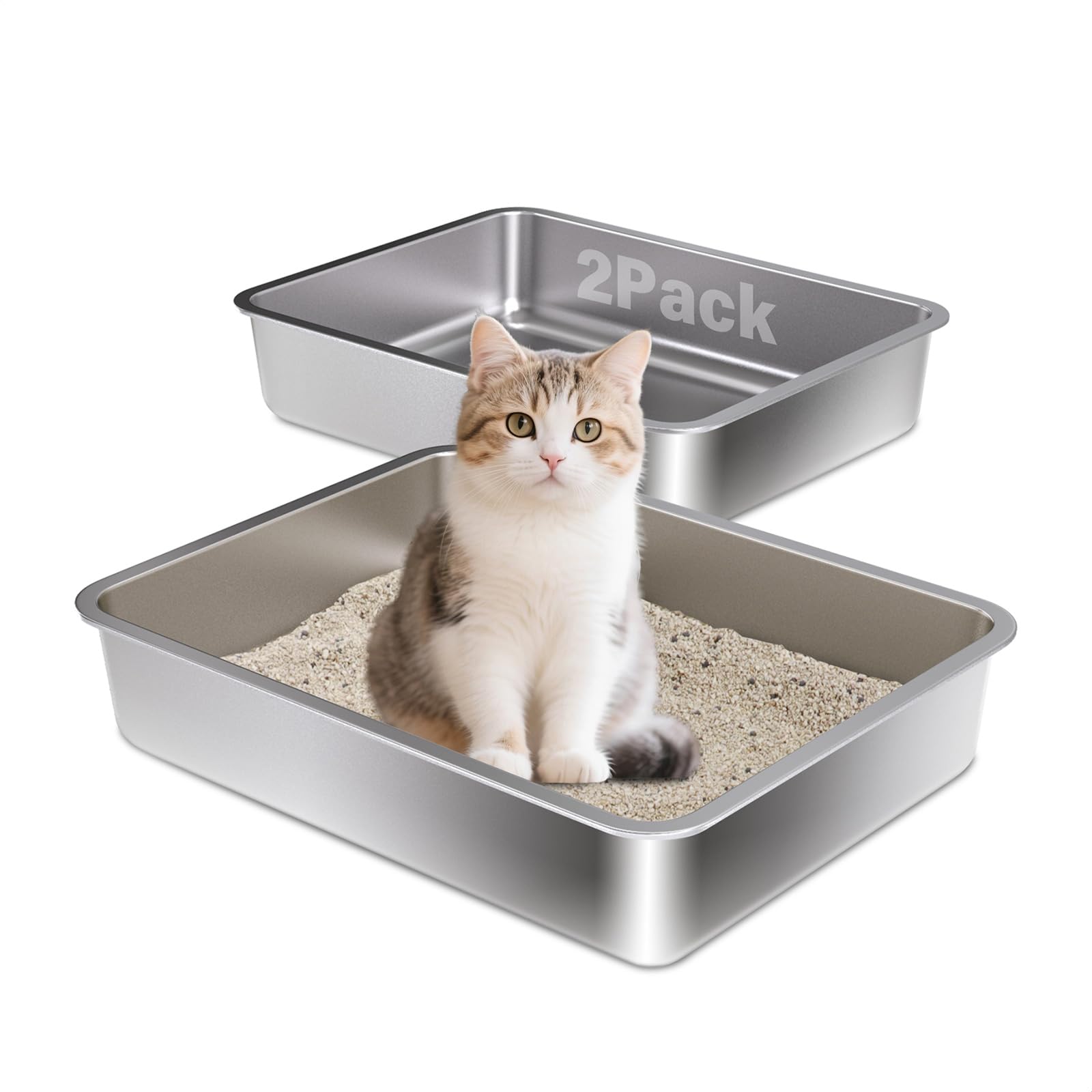 Holintan Stainless Steel Litter Box,Small Litter Box 2 Pack 17.7" x 13.7" x 4",Easy Entry Metal Litter Boxes for Kittens Cat Kitty Rabbits,Easy Clean Non Stick No Smell