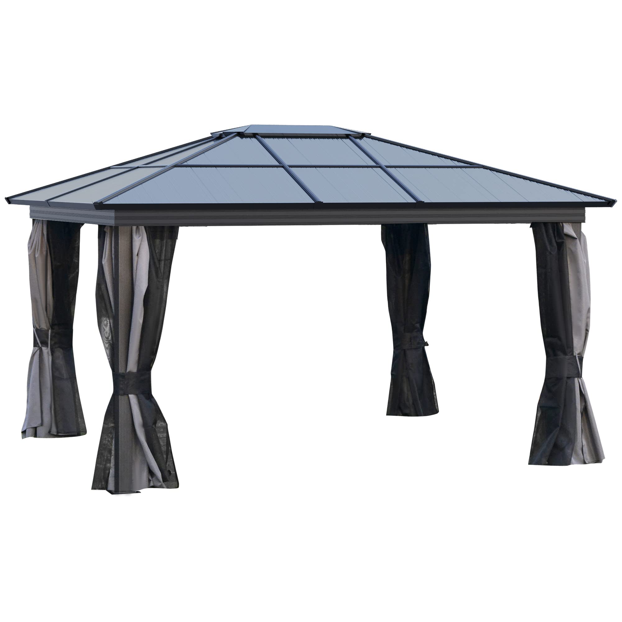 Outsunny 3.6 x 4m Hardtop Gazebo with UV Resistant Polycarbonate Roof & Aluminium Frame, Garden Pavilion with Mosquito Netting and Curtains Black