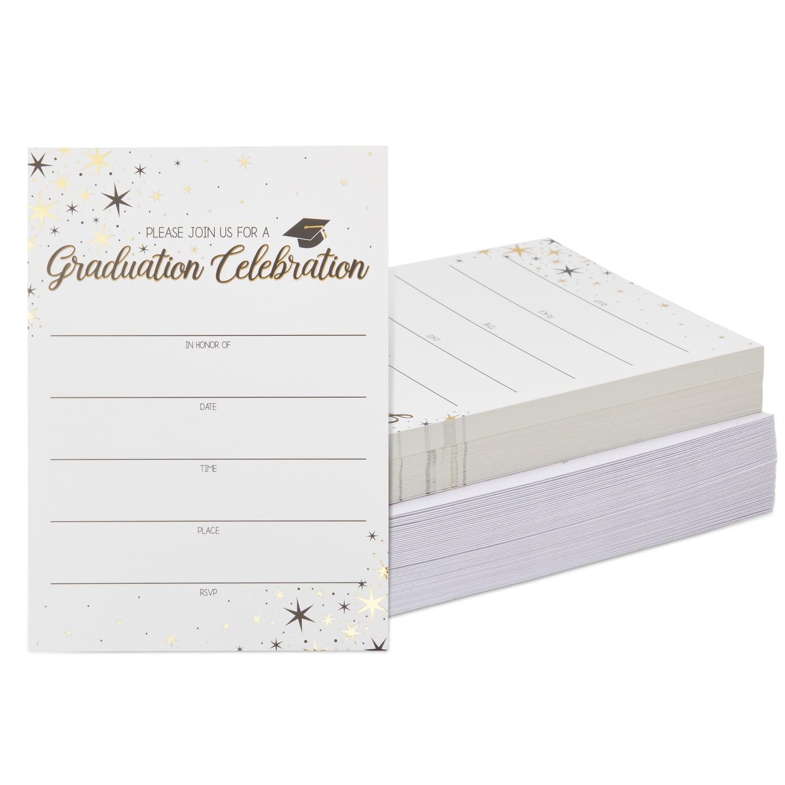 Best Nest Wellness Graduation Party Invitations - Pack of 60, 5 x 7 in, White - Customizable Guest Info Invitation Cards - Gold Foil Star Accent Party