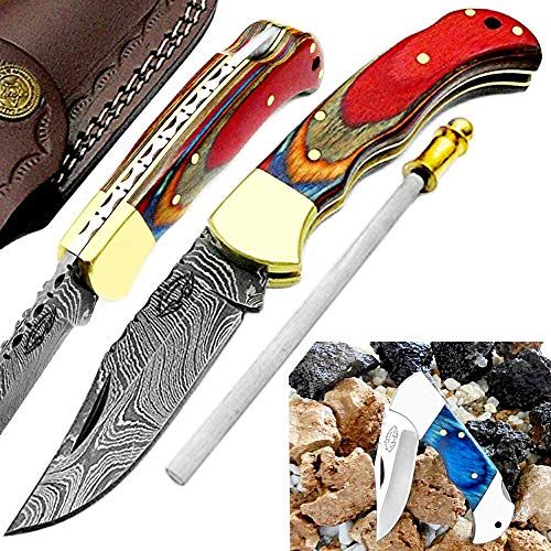 Pocket Knife Multi Wood 6.5'' Beautiful Damascus Steel Knife Brass Bolster Hunting Folding Knife Back Lock Prime Quality Knife come with Sharpening Rod Blue Wood Stainless Steel Small knife folding Pocket Knife set