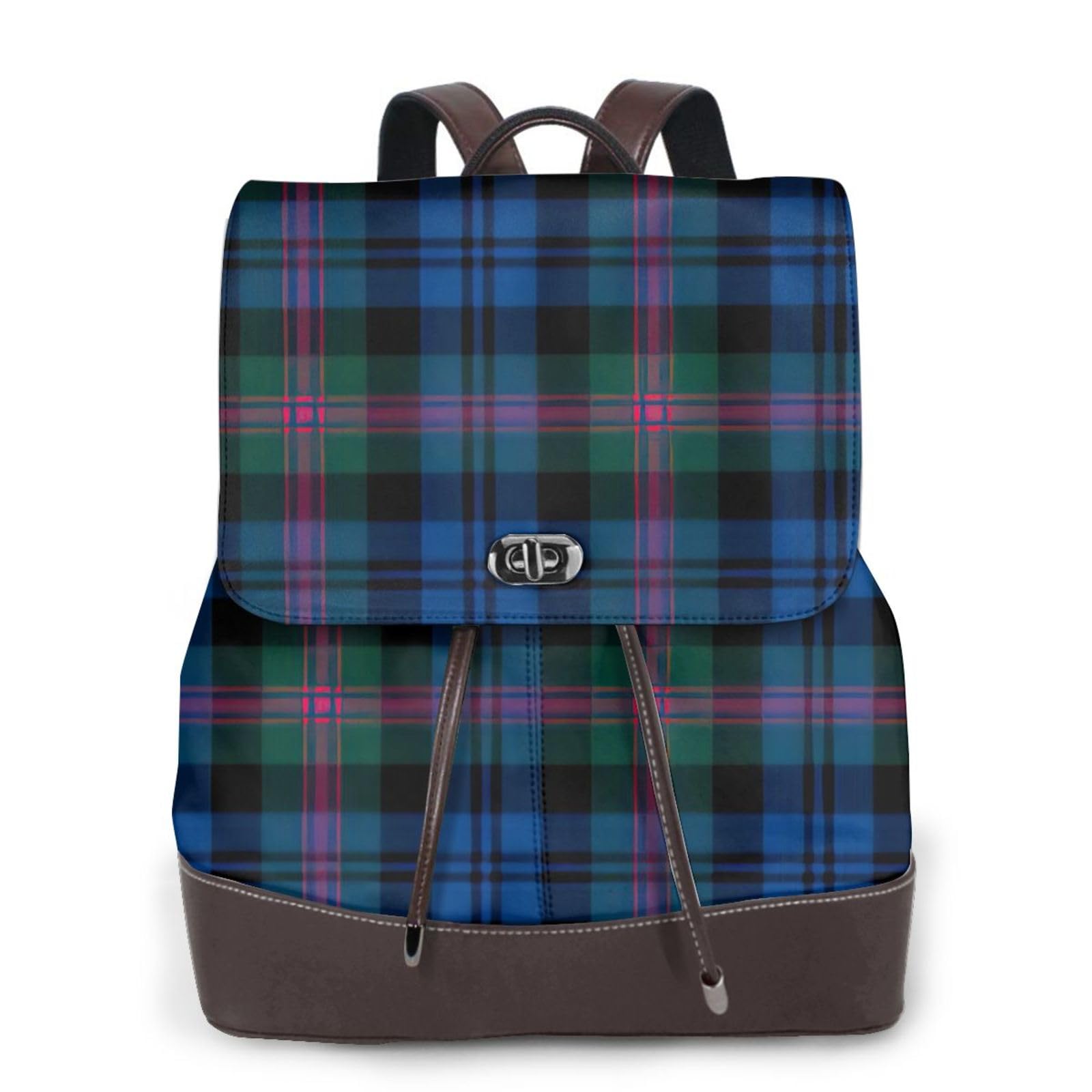 Wurton Unisex Black Blue And Green Scottish Tartan Print Elegant Backpack For Women Â€“ Chic Backpack Handbag Leather Travel Shoulder Backpack, One Size