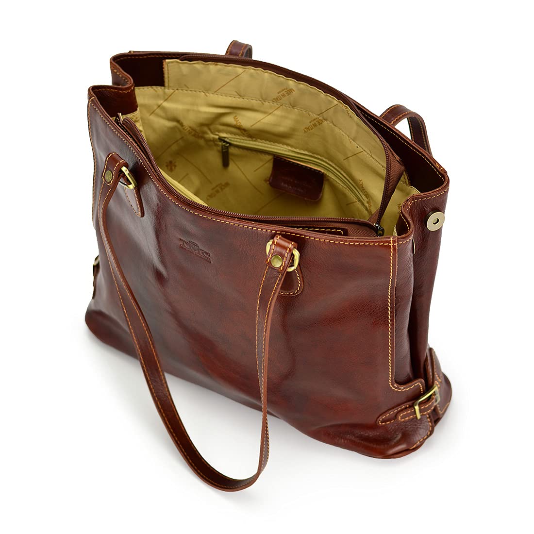TMC LEATHER DIAMONDS Skórzana shopper Florence 14, brązowa, dwukomorowa, 40x12x28cm, złote okucia, skóra licowa, damska, naturalna