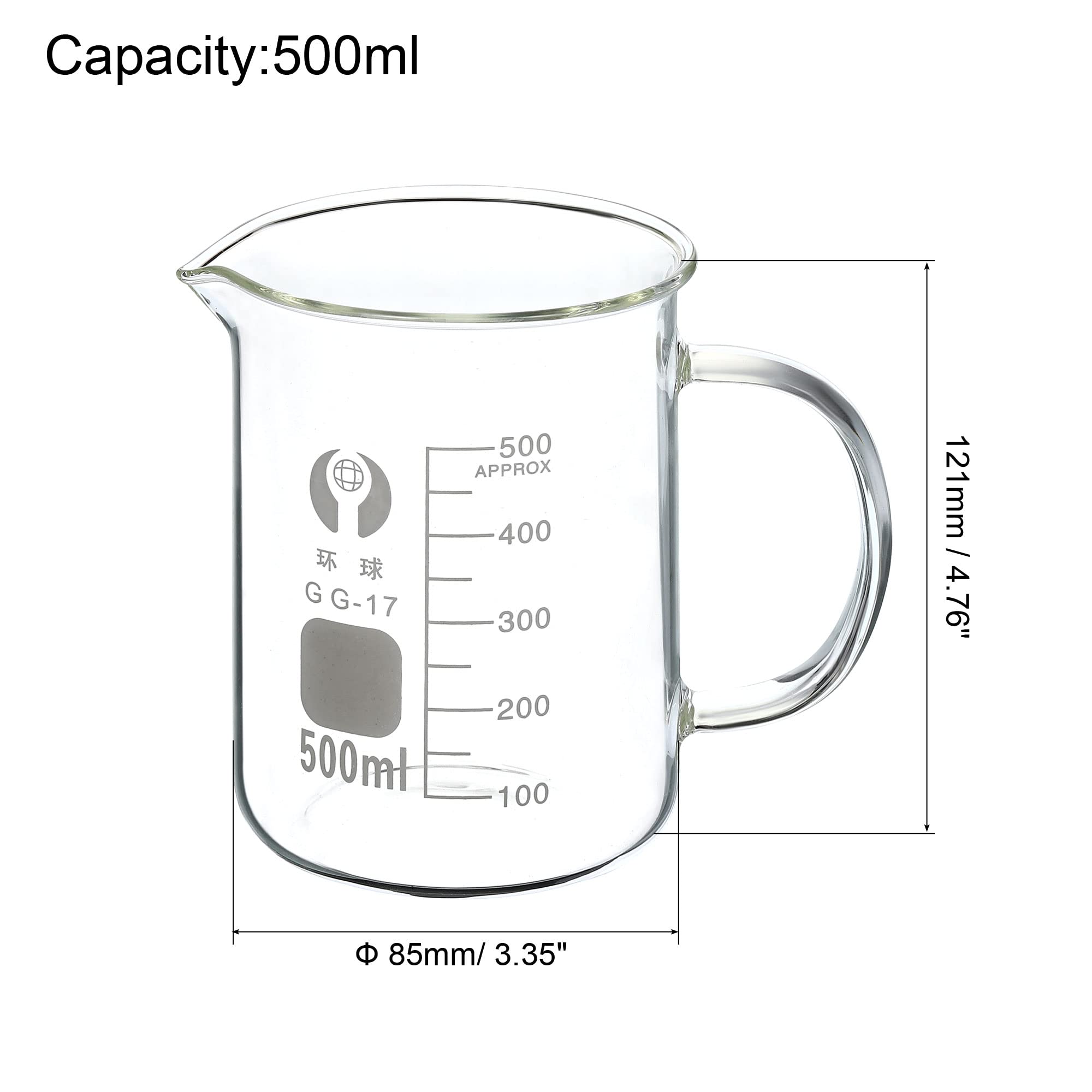 PATIKIL 500ml Vetro Bicchiere con Manico, 3.3 Borosilicato Vetro Graduato Stampato Scale Misurini Tazze con Beccuccio per Cucina laboratorio liquidi