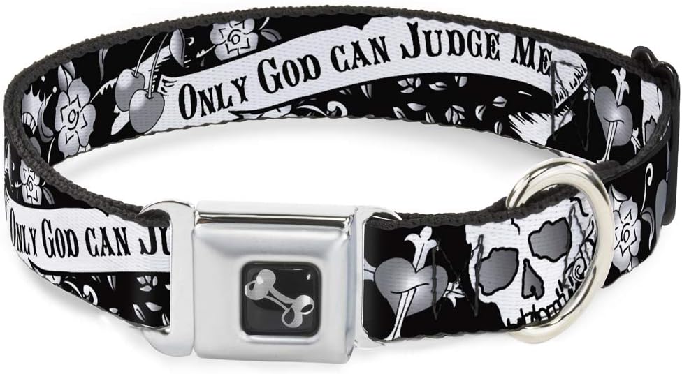 Buckle-Down Seatbelt Buckle Dog Collar - Only God Can Judge Me Black/White - 1" Wide - Fits 9-15" Neck - Small