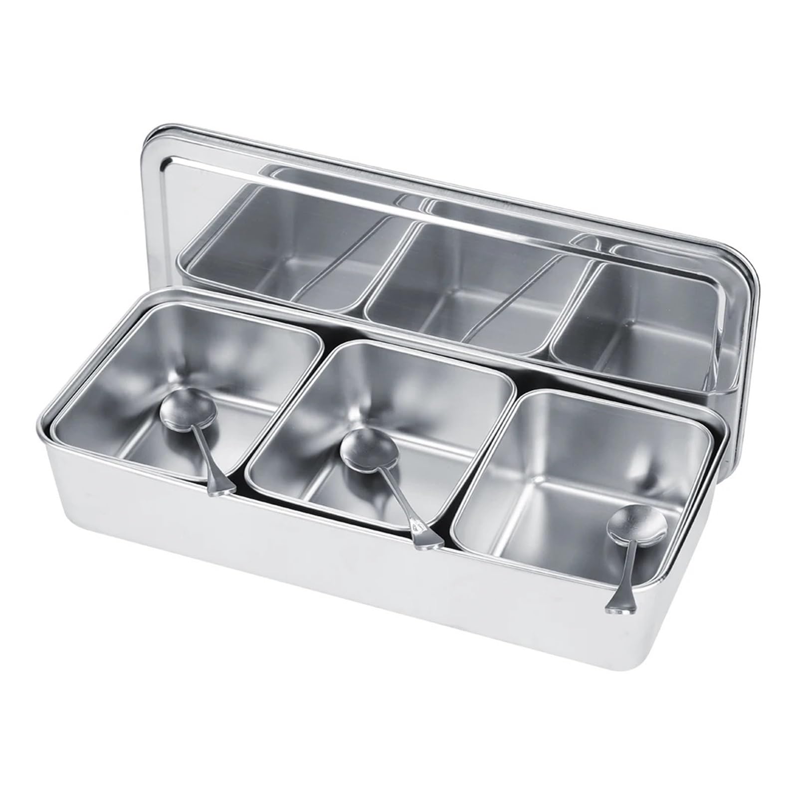 UBOHUZ Stainless Steel Seasoning Box 3 Grids Multifunction Spice Container With Spoons Cover For Snacks Flour Dry Goods Fruits for Kitchen Condiment