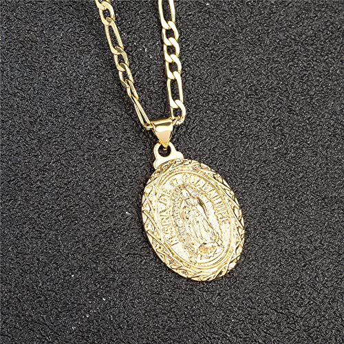 kelistom 14K Gold Plated Guadalupe Virgin Mary Pendant Necklace for Women Men 3mm Flat Figaro Chain Necklace 18/22 inch4