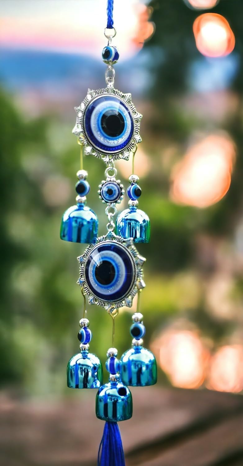 KINTIN 5 Bell Evil Eye Metal Wind Chimes for Home Balcony Evil Eye Protection - Positive Energy Wall Hanging | Thoughtful Present for housewarmings, Spiritual Friends, Symbolic Decor.-image-4