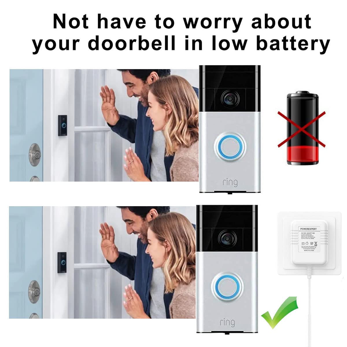 Transformateur de sonnette, 24V 500MA Adaptateur secteur câble transformateur Smart Home accessoires compatibles ring Door Bell Video doorbell 2 Pro (3m white)