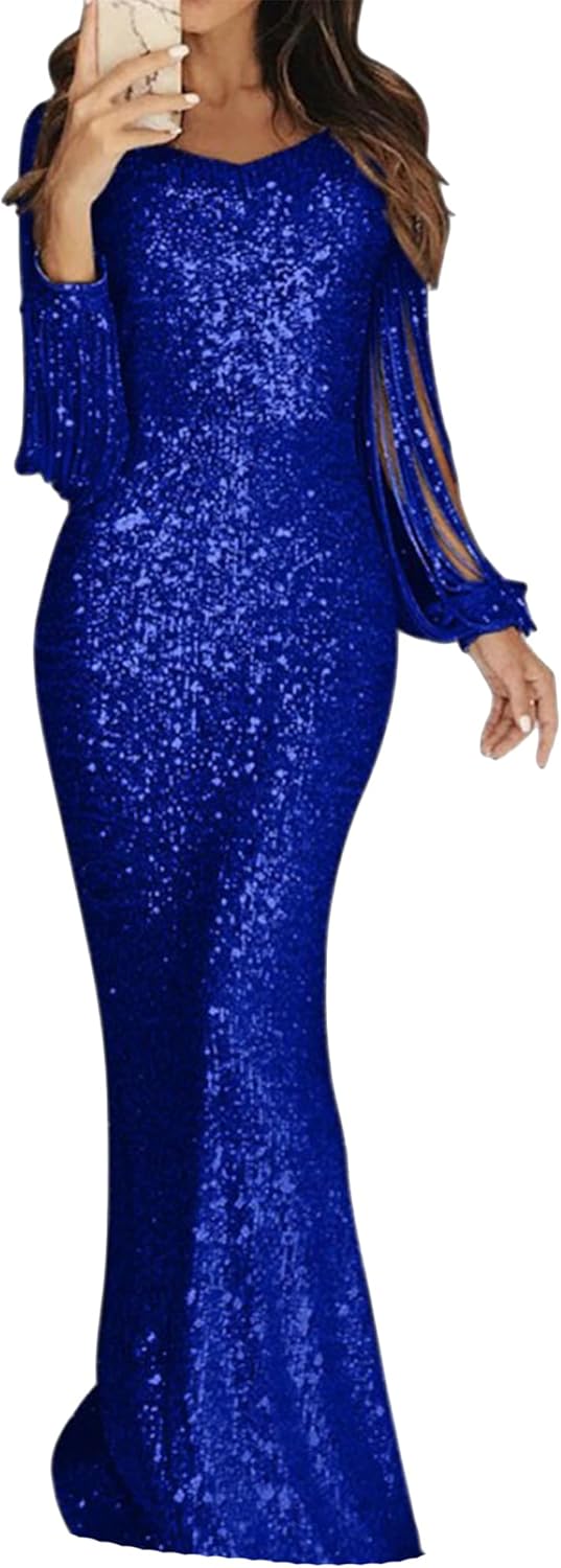 YMING Women's Sequin Long Sleeve Cocktail Dress Formal V Neck Maxi Gown Fringe Sparkly Glitter Dresses