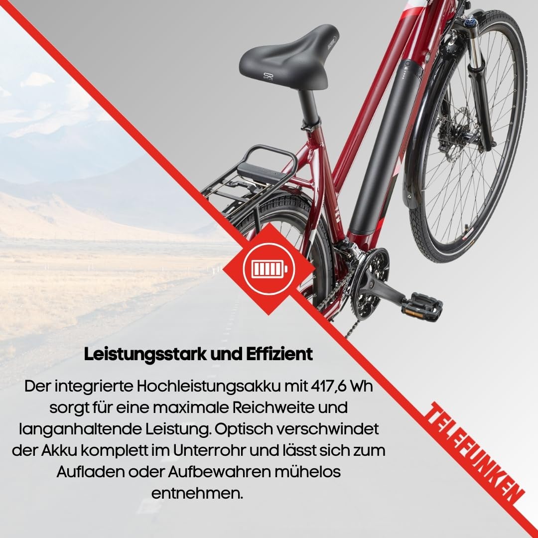 TELEFUNKEN E-Bike 28 Zoll Fahrrad für Damen & Herren | Trekking Pedelec mit 8-Gang / 24-Gang Kettenschaltung & Scheibenbremsen | Elektrofahrrad mit 250 W Heckmotor & integriertem 417,6 Wh Li-Ion-Akku