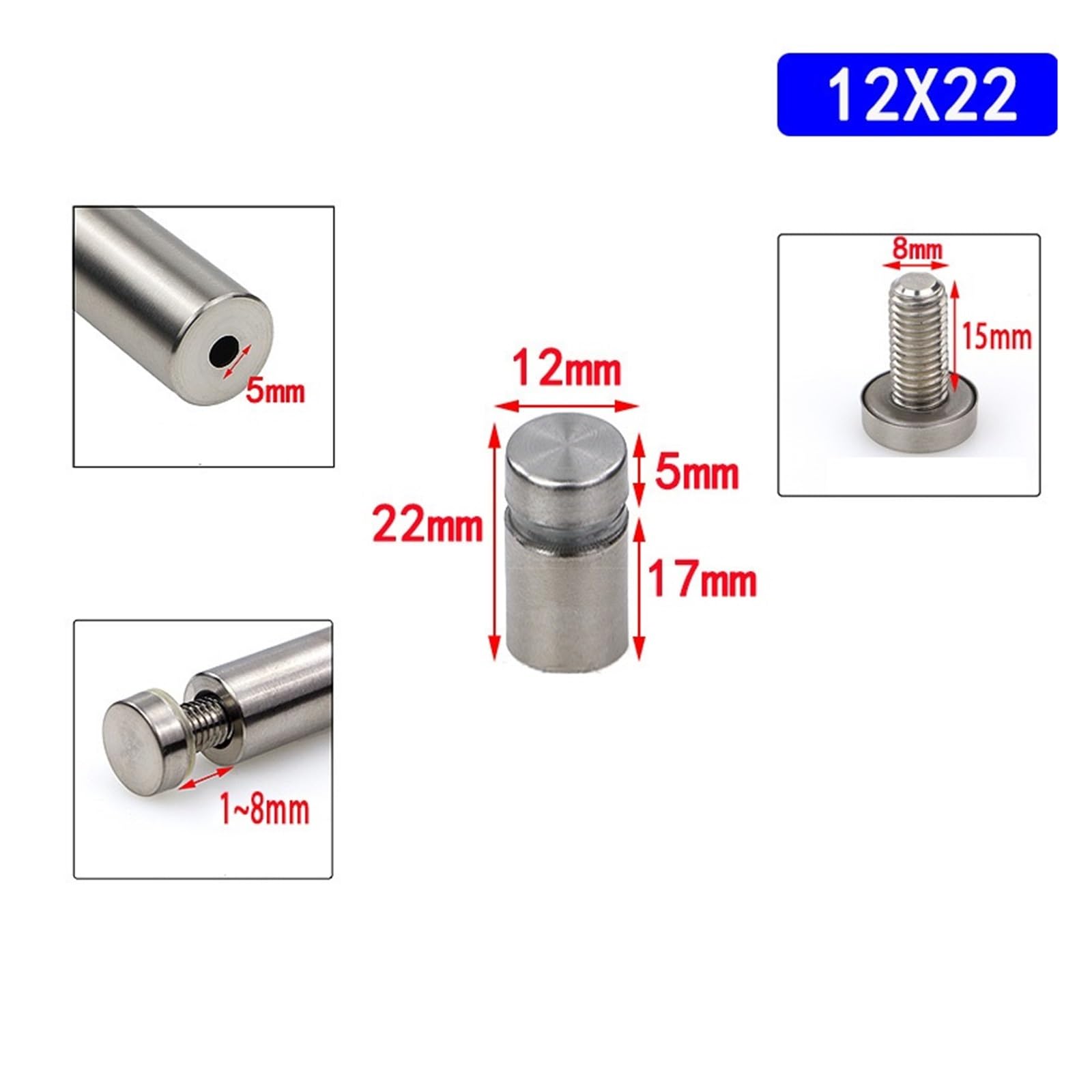 Tornillo de fijación para vidrio, Separadores acrílicos de vidrio acero inoxidable 12x(20-100) mm 10 piezas(12x100mm)