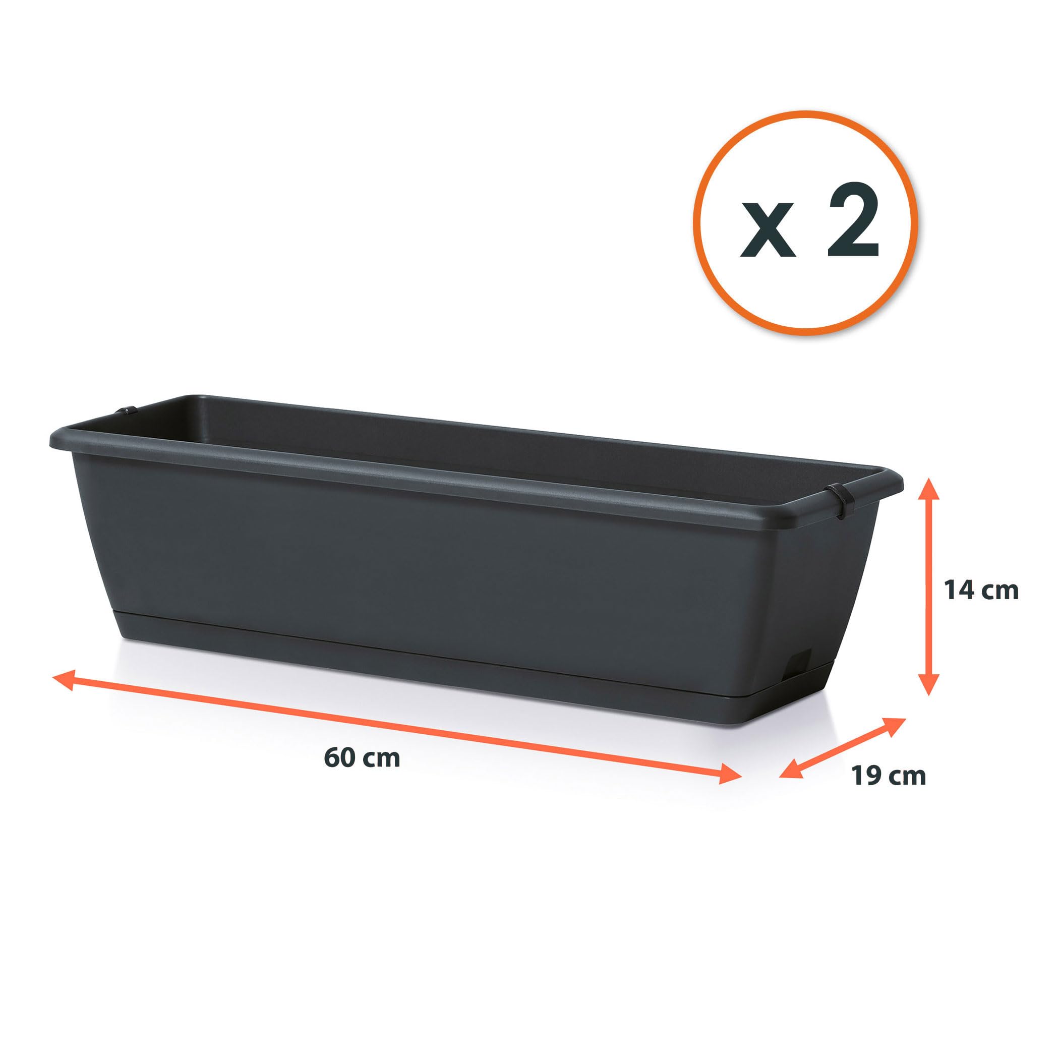 Spetebo Jardinière de balcon avec support et système d'irrigation - 2 pièces de 60 cm - En plastique anthracite - Pot de fleurs à suspendre avec évacuation de l'eau