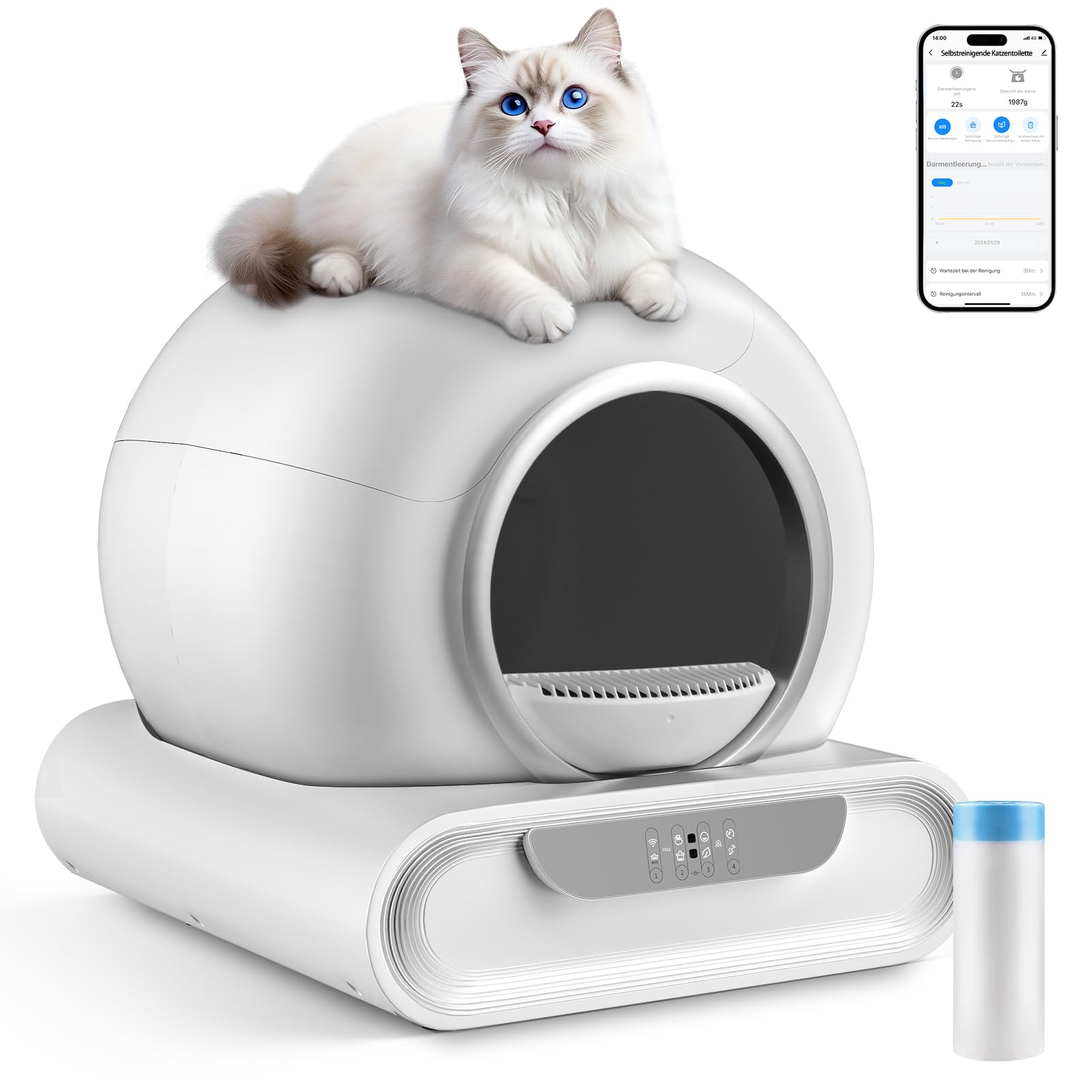 Arenero Gatos Autolimpiable, 65L Grande, Arenero Autolimpiable para Gatos eléctrica, Caja de Control de Arena extraíble, Control de Olor/aplicación, Entrada Baja, Seguro sin olores, para Varios Gatos