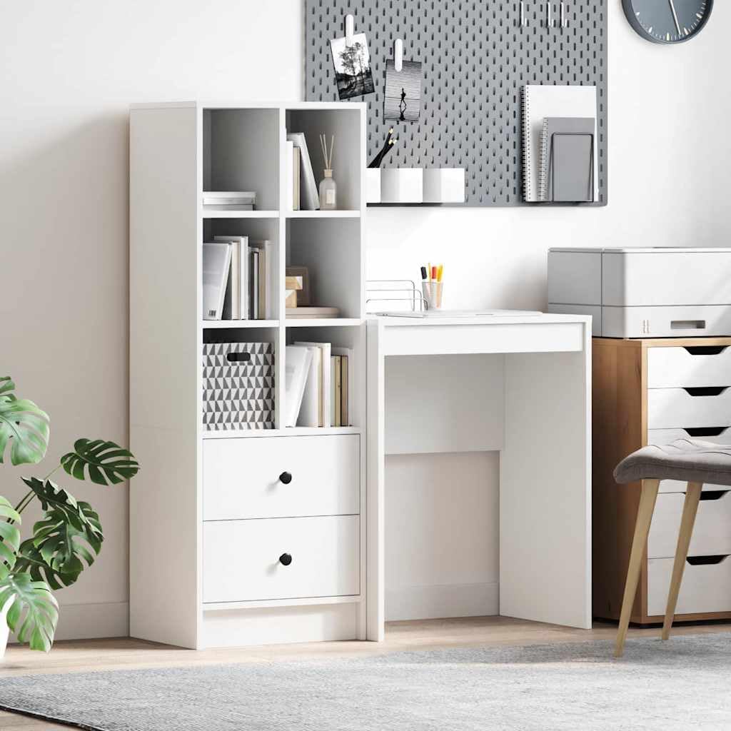 Biurko z szufladami z materiału drewnopochodnego, białe, 2-częściowe, 105,5 x 34 x 127 cm, nowoczesne biurko komputerowe do gabinetu i gier, trwałe, duży stół do biura i domu