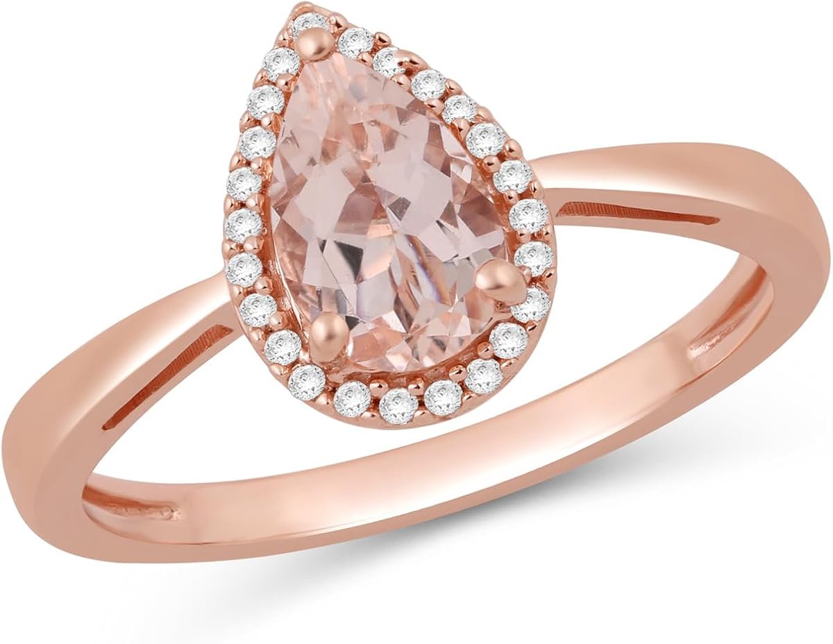 10K Gold Birthstone & Diamond Pear-Shaped Halo Ring for Women | White or Rose Gold | 8X5 MM Pear Cut Aquamarine or Morganite | Natural White Round Diamonds | Fine Jewelry with Gift Box