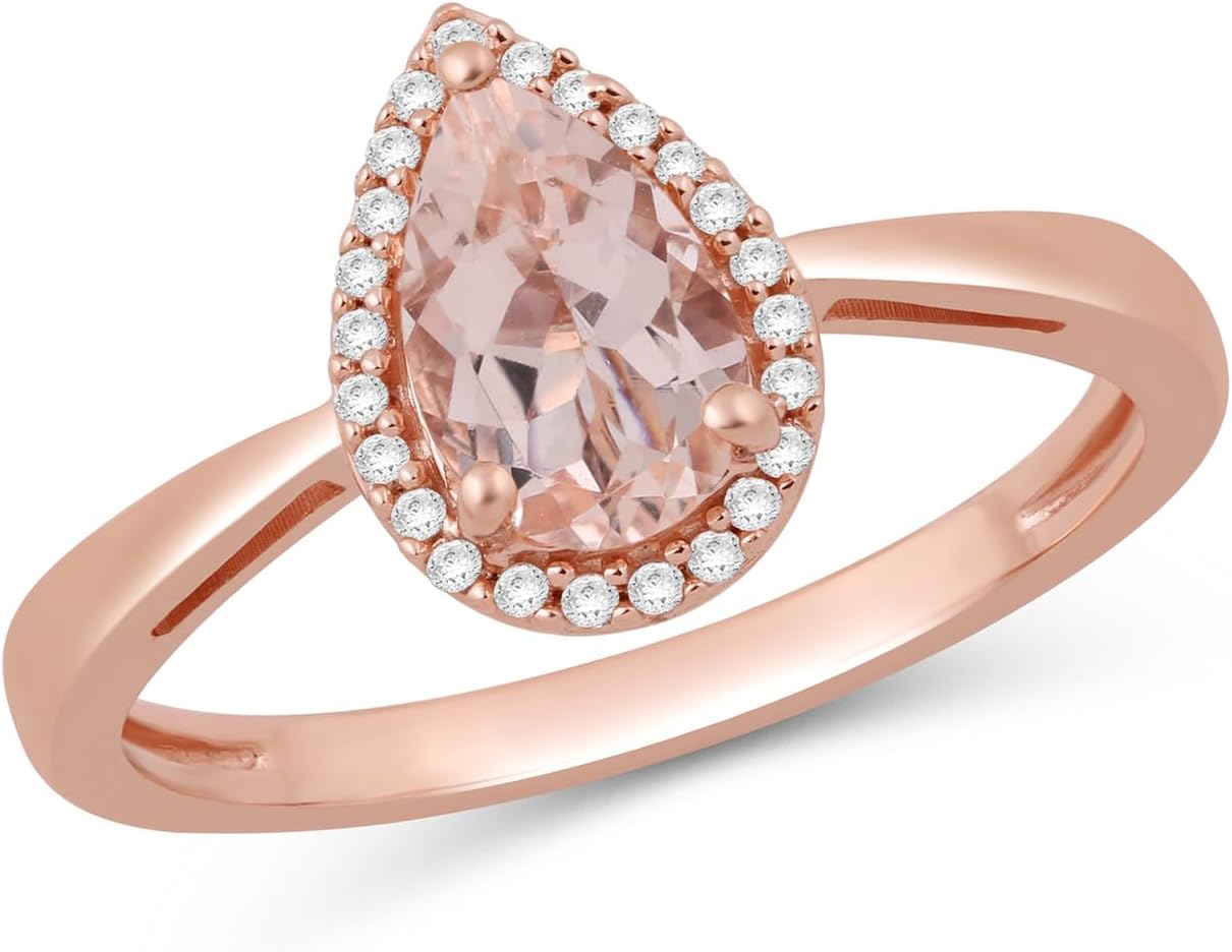 Jewelili 10K White or Rose Gold Halo Ring for Women | 8X5 MM Pear Cut Aquamarine or Morganite & Natural White Round Diamonds | Luxury Jewelry Gift for Her | Gift Box Included
