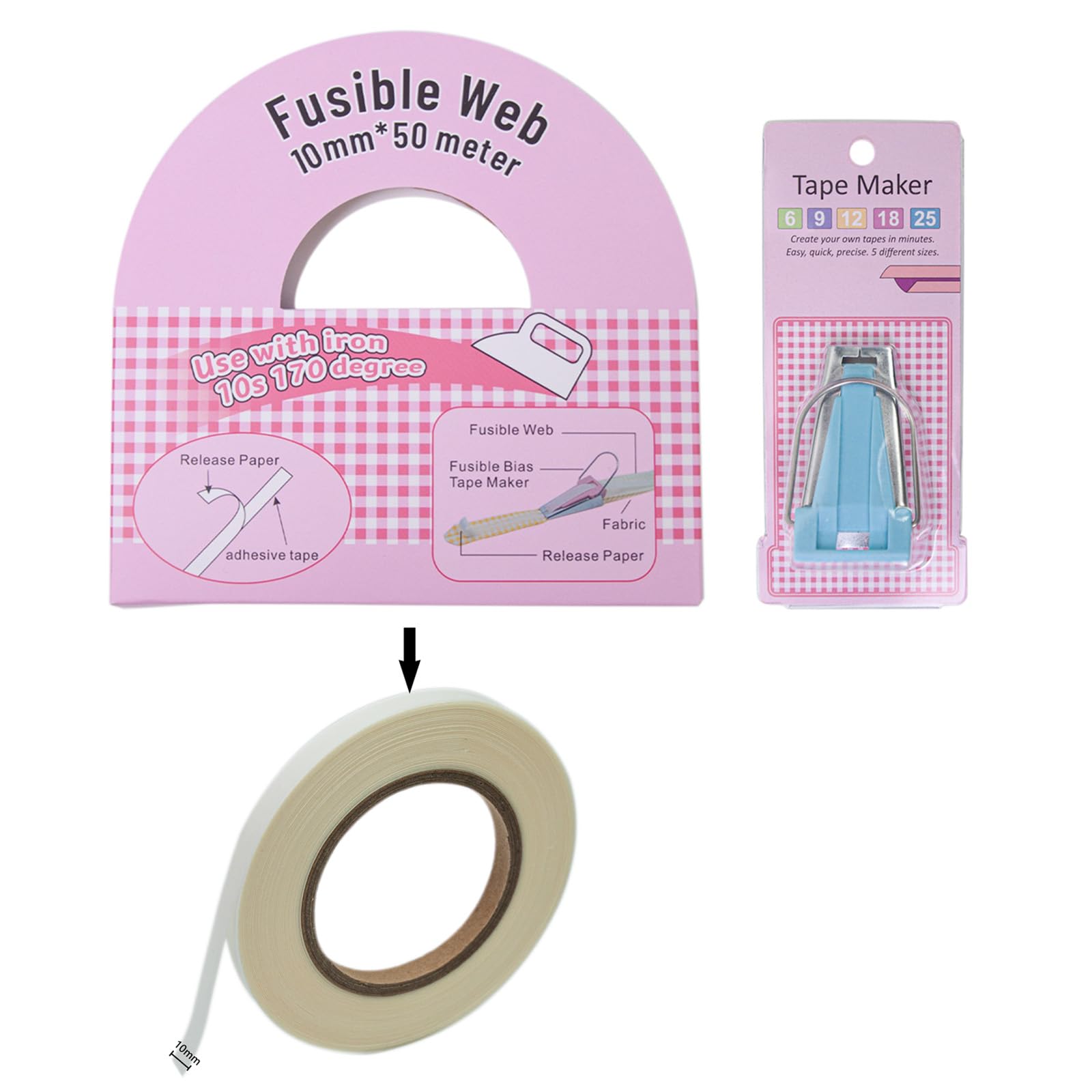 Buxuaaaa Blue Fusible Bias Tape Wtih Fusible Bias Tape Maker Tool (Size 1/4Inch 3/8Inch 1/2Inch 3/4Inch 1In) For Sewing Dressmaking