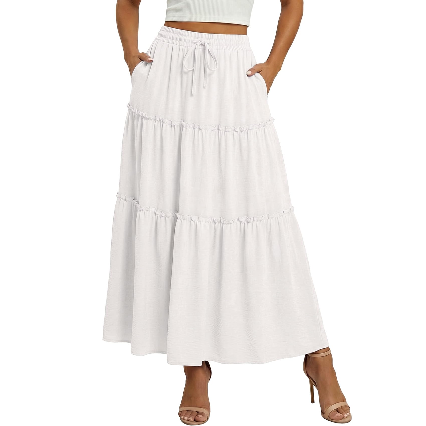 WERFORU Damen Maxirock Tierrock mit Taschen Elastischer Bund mit Kordelzug Fließender A-Linie Sommerrock Langer Rock für Strand Urlaub und Alltag
