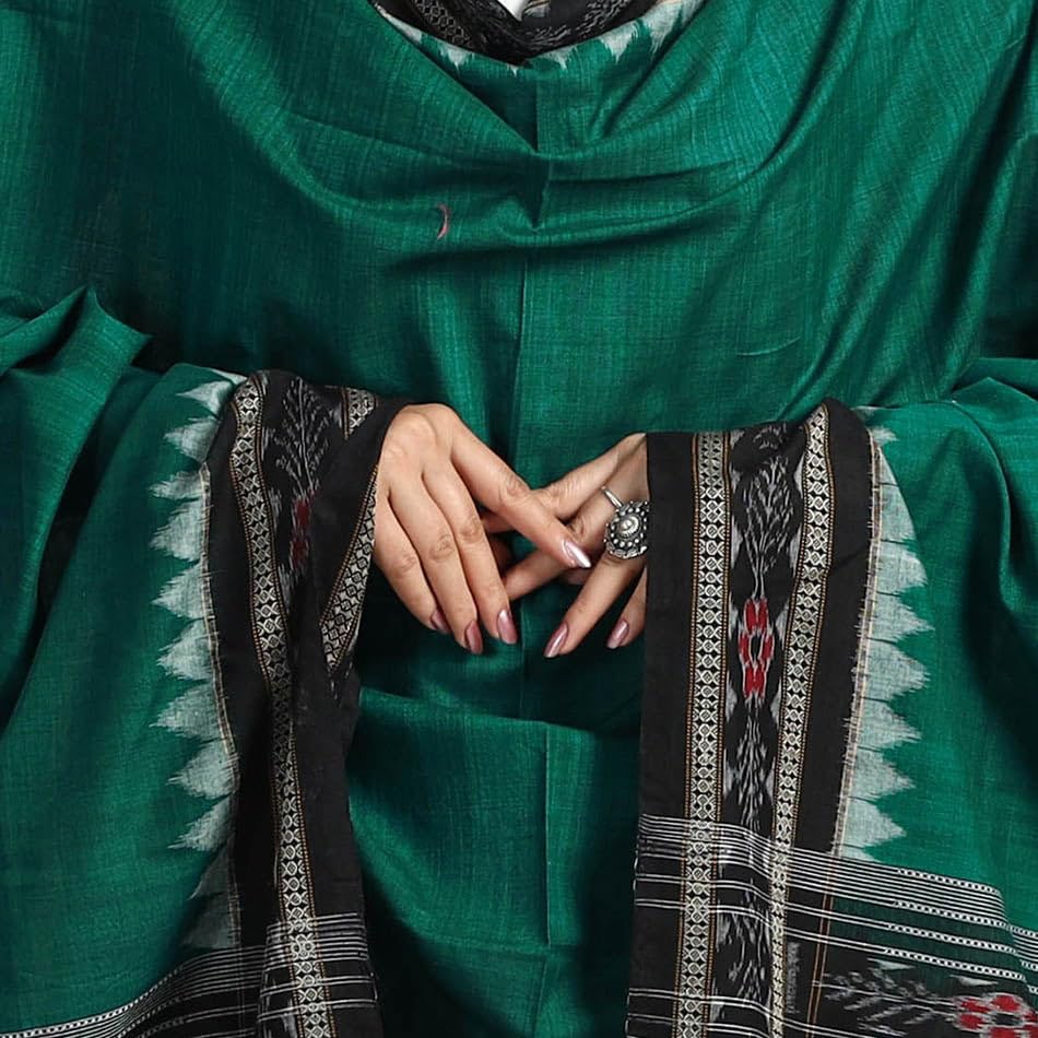 Image of Cotton Dupatta with weaving and Ikat woven border from the Weavers Stole for Girls & Women
