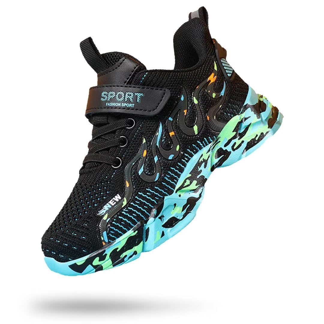 BTKSDAS Boys Sneakers Fashion Non Slip Boys Running Shoes Athletic Tennis Gym Sports Walking Kids Sneakers for Boys Girls Black/Green Size 12 Little Kid,(1 Pair)