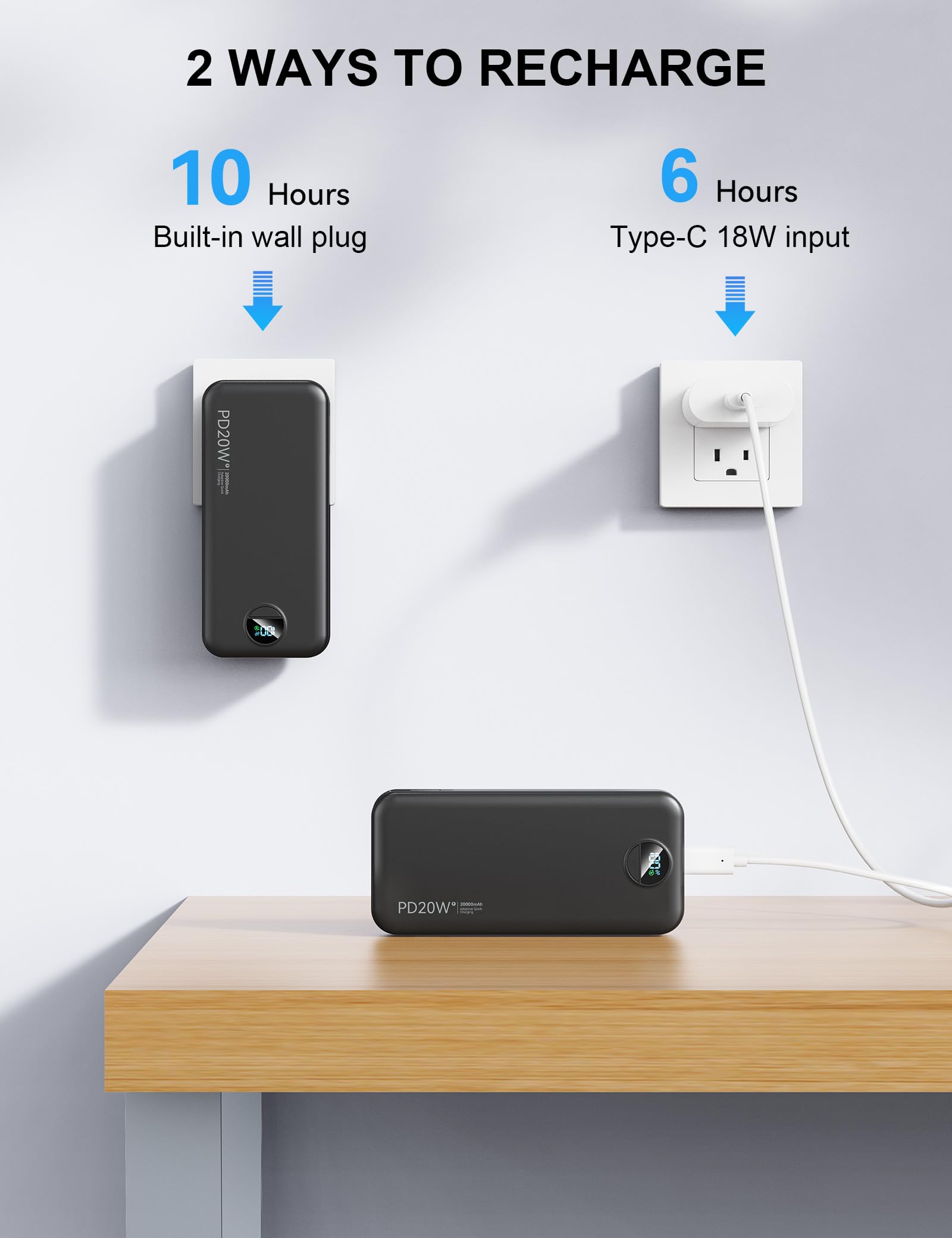 Nusyddy Caricabatterie portatile con cavo integrato e spina a muro AC, USB C Power Bank 20000 mAh 22,5 W, ricarica super veloce, caricabatterie portatile leggero per telefono, batteria da viaggio per