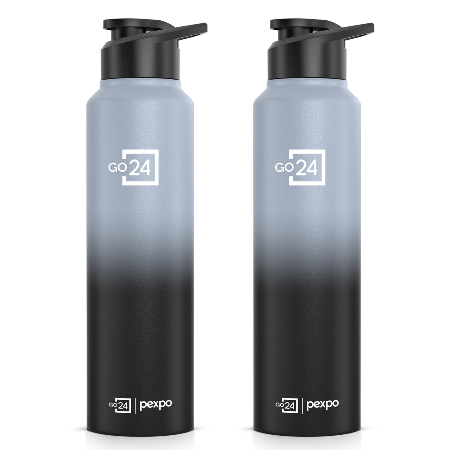 Go24 pexpo Water Bottle 1 ltr Stainless Steel Sports/Fridge Bottle with Sipper Cap (Pack of 2)| 1-Year Warranty | Single Wall | For Home, Office, Gym, Travelling|Craft Pro 950ml | Grey - Black Ombre
