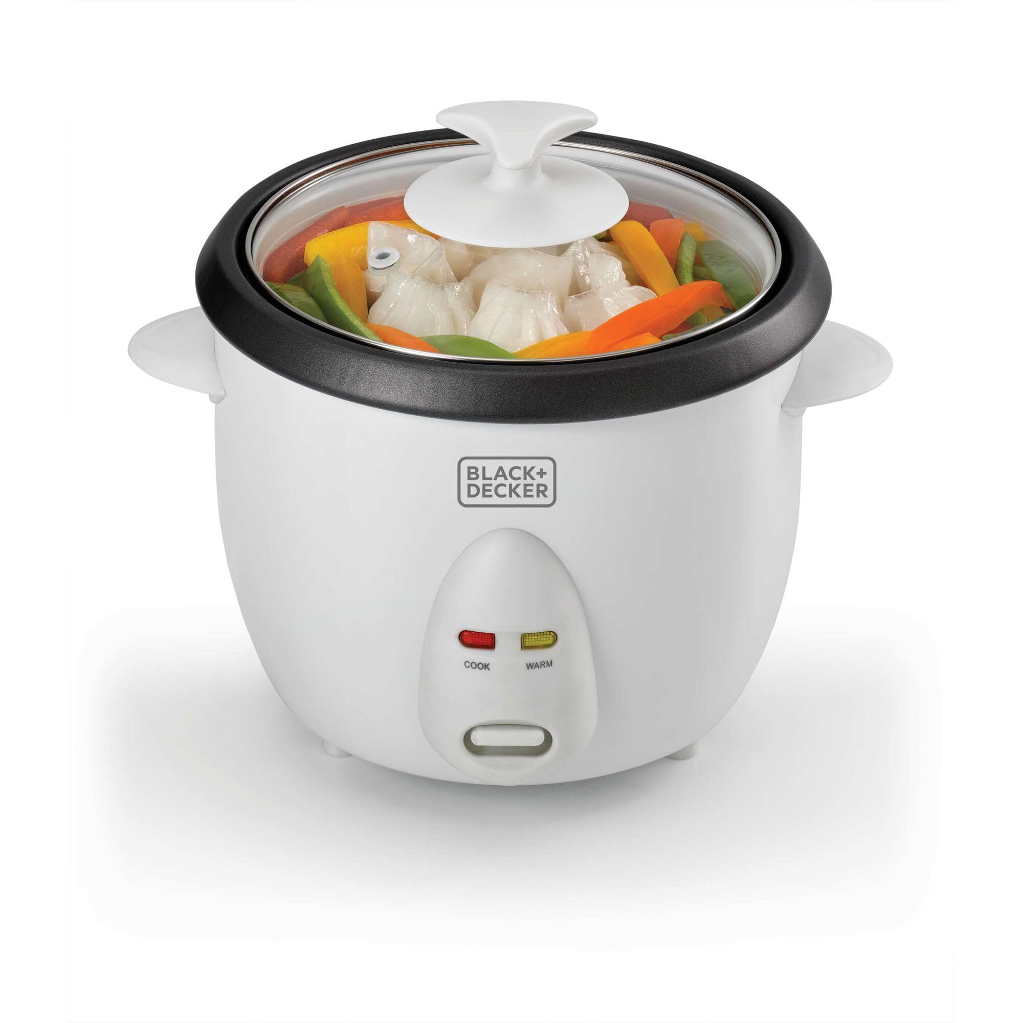 BLACK+DECKER Rice Cooker, 400W, 1L Capacity, Removable Nonstick Bowl, Steaming Tray, Glass Lid, Cool-Touch Design, Auto Warm Function, Water Level Indicator, Quick Meals, 220-240V, White - RC1050-B5