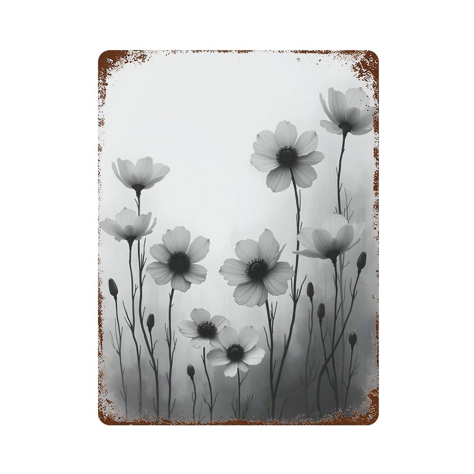 Black And White Cosmos Flowers Rust Effect Tin Sign 15.7"x11.8", Rustic Home Decor for Garage, Pub Or Kitchen