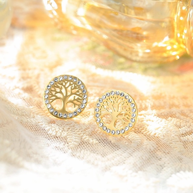 Orecchini Albero Della Vita In Acciaio Inossidabile Oro Con Zirconi – Cerchio Family Tree, Gioielli Moda Per Donna, Regalo Di Nozze In Sacchetto Di Velluto